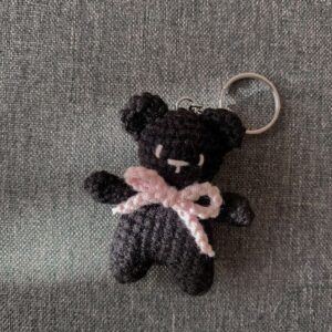 cute black crochet teddy bear keycharm/ bagcharm with pink bow