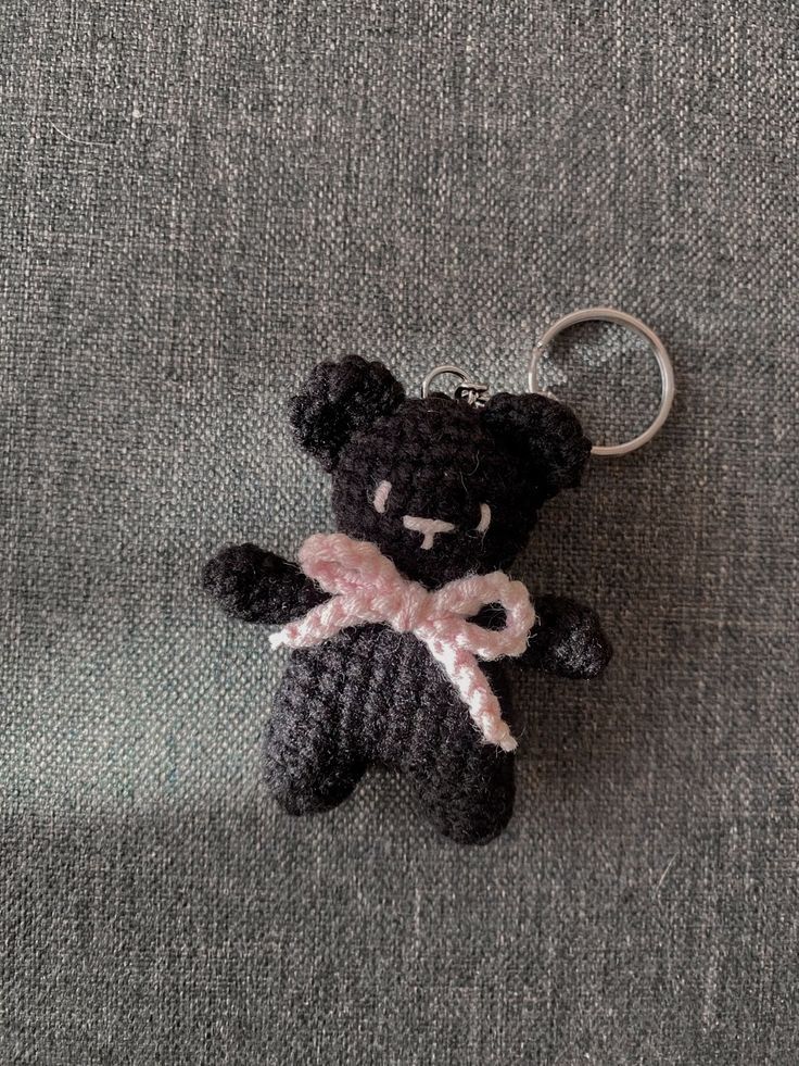 cute black crochet teddy bear keycharm/ bagcharm with pink bow